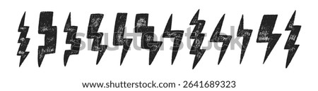 Set of lightning bolts with crayon, pastel or chalk texture. Hand drawn black doodle illustration isolated on a white background.