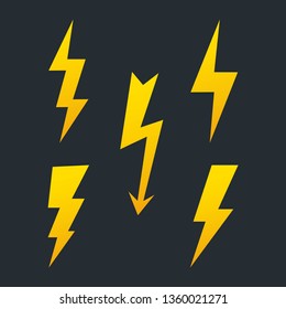 Set of lightning bolts. High voltage icon. Thunder bolt, lighting strike symbol. Battery charger pictogram. Template for your design. Vector illustration