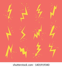 Set of Lightning bolts icons. Thunderbolts, voltage, electricity, flash and power signs.