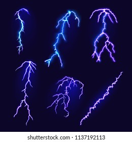 Set of lightning bolts. Realistic lightning on dark background. Vector illustration