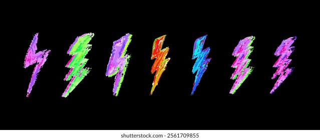 Set of lightning by colorful wax pencil drawing. Collection of handdrawing chalk, light flash signs. Various bright colors doodle thunder bolts. Vector graffiti or school style weather symbols