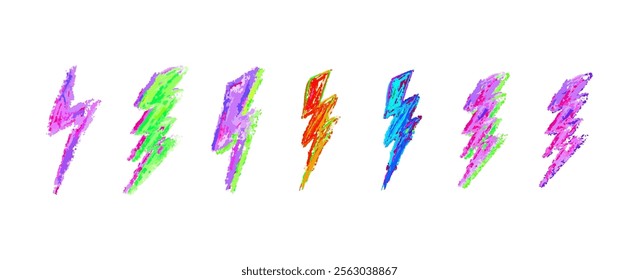 Set of lightning by colorful wax pencil drawing. Collection of handdrawing chalk, light flash signs. Various bright colors doodle thunder bolts. Vector graffiti or school style weather symbols