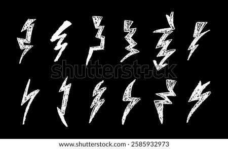 Set of lightning by wax pen drawing. Collection of handdrawing chalk , light flash signs, Doodle thunder bolts, white color design elements. Graffiti style weather symbols. Vector illustration