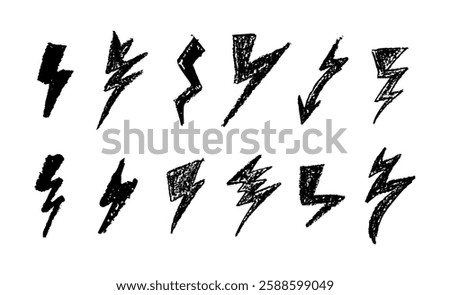 Set of lightning by wax pen drawing. Collection of handdrawing chalk , light flash signs, Doodle thunder bolts, black color design elements. Graffiti style weather symbols. Vector illustration.