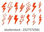 Set of lightning by wax pencil drawing. Collection of handdrawing chalk , light flash signs, Doodle thunder bolts, red color design elements. Graffiti style weather symbols. Vector illustration.