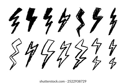 Set of lightning by wax pencil drawing. Collection of handdrawing chalk , light flash signs, Doodle thunder bolts, black color design elements. Graffiti style weather symbols. Vector illustration.