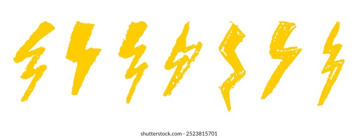 Blitzsatz durch Wachsbleistiftzeichnung. Sammlung von handgezeichneten Kreide, Lichtblitzzeichen, Doodle Donnerbolzen, goldene Farbe Design-Elemente. Wettersymbole im Graffiti-Stil. Vektorgrafik