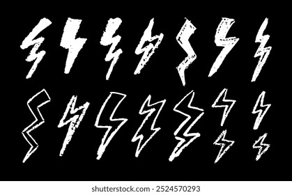 Set of lightning by wax pencil drawing. Collection of handdrawing chalk , light flash signs, Doodle thunder bolts,white color design elements. Graffiti style weather symbols. Vector illustration.