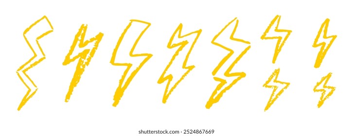 Set of lightning by wax pencil drawing. Collection of handdrawing chalk , light flash signs, Doodle thunder bolts, golden color design elements. Graffiti style weather symbols. Vector illustration