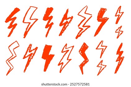 Set of lightning by wax pencil drawing. Collection of handdrawing chalk , light flash signs, Doodle thunder bolts, red color design elements. Graffiti style weather symbols. Vector illustration.