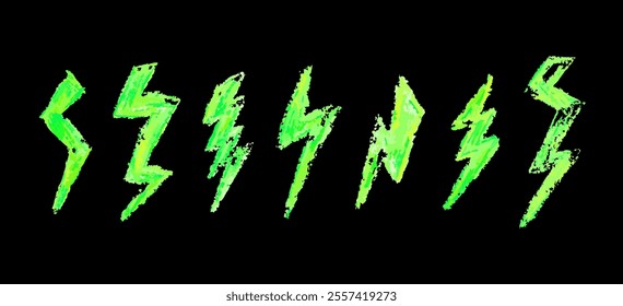 Set of lightning by wax pencil drawing. Collection of handdrawing chalk , light flash signs, Doodle thunder bolts, acid green color design elements. Vector graffiti style weather symbols