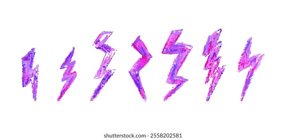 Set of lightning by wax pencil drawing. Collection of handdrawing chalk , light flash signs, Vector doodle thunder bolts, acid neon pink color collage elements. Graffiti style weather symbols