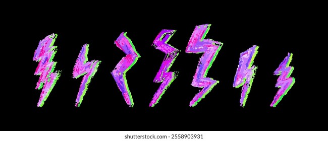 Set of lightning by wax pencil drawing. Collection of handdrawing chalk , light flash signs, Vector doodle thunder bolts, acid green and pink color collage elements. Graffiti style weather symbols