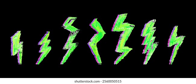 Set of lightning by wax pencil drawing. Collection of handdrawing chalk , light flash signs, Vector doodle thunder bolts, acid green and pink color collage elements. Graffiti style weather symbols