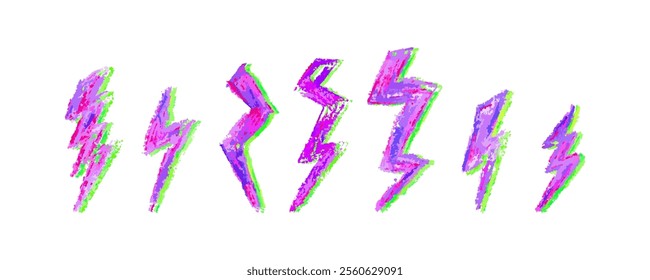 Set of lightning by wax pencil drawing. Collection of handdrawing chalk , light flash signs, Vector doodle thunder bolts, acid green and pink color collage elements. Graffiti style weather symbols