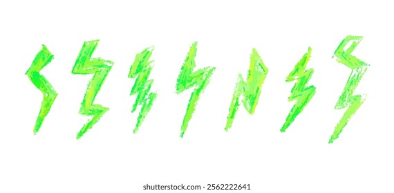 Set of lightning by wax pencil drawing. Collection of handdrawing chalk , light flash signs, Doodle thunder bolts, acid green color design elements. Vector graffiti or school style weather symbols