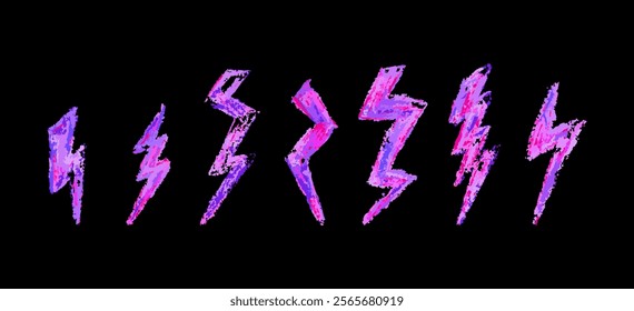 Set of lightning by wax pencil drawing. Collection of handdrawing chalk , light flash signs, Doodle thunder bolts, acid pink color design elements. Vector graffiti or school style weather symbols