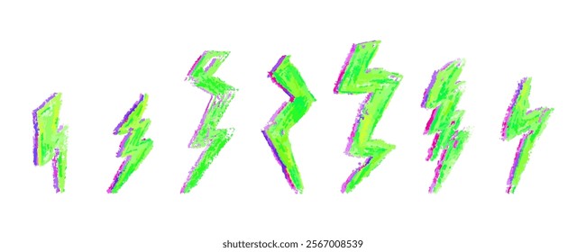 Set of lightning by wax pencil drawing. Collection of handdrawing chalk , light flash signs, Vector doodle thunder bolts, acid green and pink color collage elements. Graffiti style weather symbols