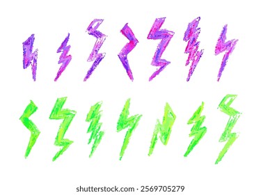 Set of lightning by wax pencil drawing. Collection of handdrawing chalk , light flash signs, Vector doodle thunder bolts, acid green and pink color collage elements. Graffiti style weather symbols