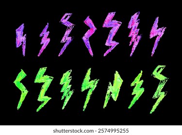 Set of lightning by wax pencil drawing. Collection of handdrawing chalk , light flash signs, Doodle thunder bolts, acid green and pink color design elements. Vector graffiti or school weather symbols