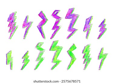 Set of lightning by wax pencil drawing. Collection of handdrawing chalk , light flash signs, Vector doodle thunder bolts, acid green and pink color collage elements. Graffiti style weather symbols