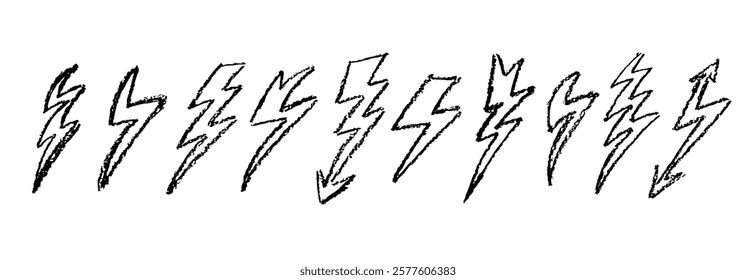 Set of lightning by wax pencil drawing. Collection of handdrawing chalk , light flash signs, Doodle thunderbolts, black color stroke outline design elements. Graffiti style weather symbols. Vector