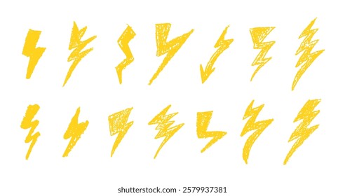 Set of lightning by wax pencil drawing. Collection of handdrawing chalk , light flash signs, Doodle thunder bolts, golden color design elements. Graffiti style weather symbols. Vector illustration