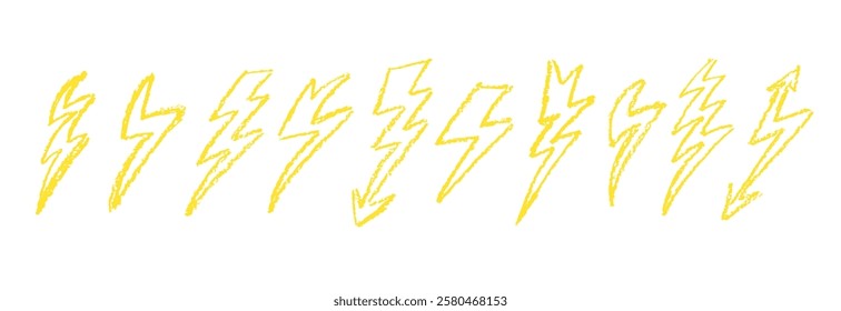 Set of lightning by wax pencil drawing. Collection of handdrawing chalk , light flash signs, Doodle thunder bolts, golden color design elements. Graffiti style weather symbols. Vector illustration.