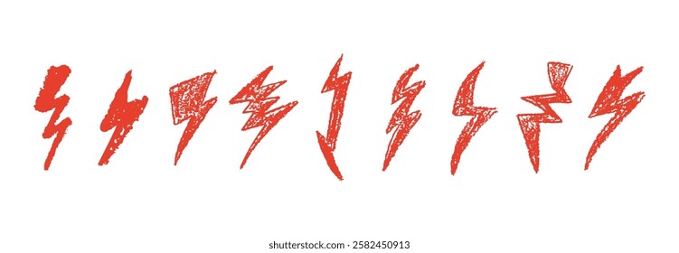 Set of lightning by wax pencil drawing. Collection of handdrawing chalk , light flash signs, Doodle thunder bolts, red color design elements. Graffiti style weather symbols. Vector illustration.