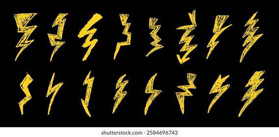 Set of lightning by wax pencil drawing. Collection of handdrawing chalk , light flash signs, Doodle thunder bolts, golden color design elements. Graffiti style weather symbols. Vector illustration