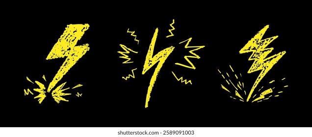 Set of lightning by wax pencil drawing. Collection of handdrawing chalk , light flash signs, Doodle thunder bolts, golden color design elements. Graffiti style weather symbols. Vector illustration