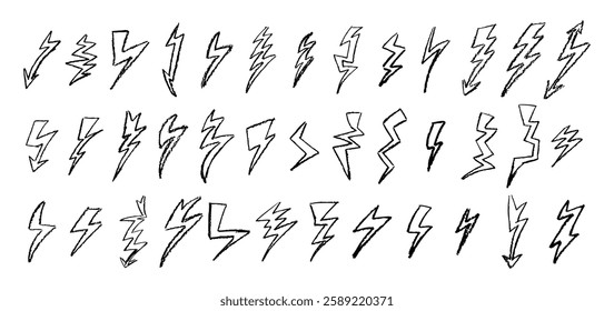 Set of lightning by wax pencil drawing. Collection of handdrawing chalk , light flash signs, Doodle thunderbolts, black color stroke outline design elements. Graffiti style weather symbols. Vector.