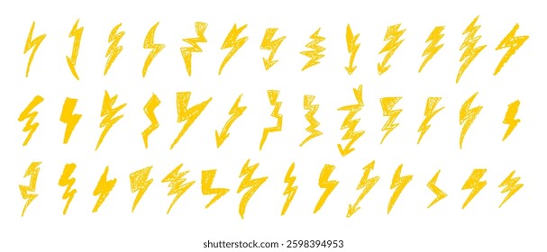Set of lightning by wax pencil drawing. Collection of handdrawing chalk , light flash signs, Doodle thunder bolts, golden color design elements. Graffiti style weather symbols. Vector illustration