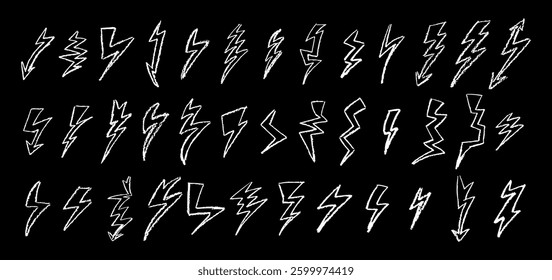 Set of lightning by wax pencil drawing. Collection of handdrawing chalk , light flash signs, Doodle thunderbolts, white color stroke outline design elements. Graffiti style weather symbols. Vector.