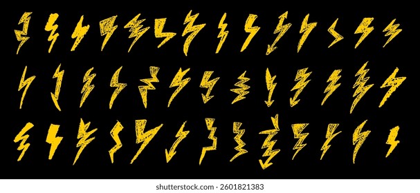 Set of lightning by wax pencil drawing. Collection of handdrawing chalk , light flash signs, Doodle thunder bolts, golden color design elements. Graffiti style weather symbols. Vector illustration