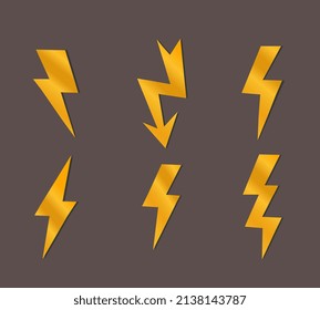 Set Of Lightning. Collection Of Social Network Stickers. Graphic Elements For Website. Electricity And Natural Energy, Speed Metaphor. Cartoon Flat Vector Illustrations Isolated On Brown Background