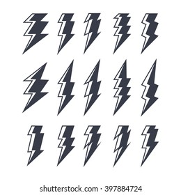 Set of lightning doodle isolated on white background, black silhouette, vector illustration