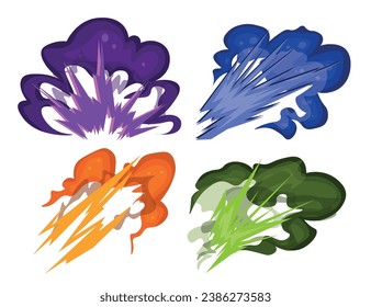 Serie de explosiones relámpago al estilo de las caricaturas. Ilustración vectorial de bellas explosiones con relámpagos de colores de diferentes formas: morado, azul, amarillo, verde con humo sobre fondo blanco.