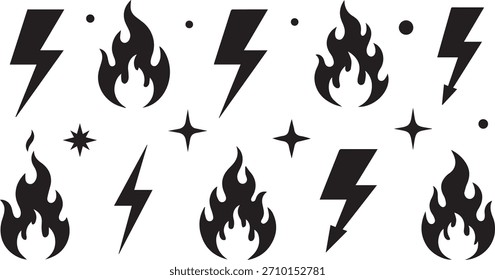 Blitz- und Feuersymbole. Schwarze Silhouetten für Designs.