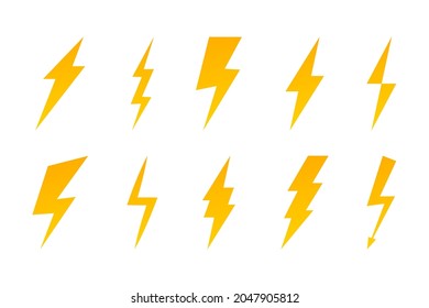 Juego de iconos planos Lightning. Signo de flash luminoso. Símbolo de energía, trueno, electricidad. Rápido, potencia, velocidad. Perno de cierre eléctrico con efectos gráficos de sombreado y línea