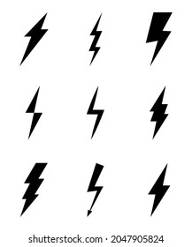 Set von flachen Blitzsymbolen. Blitzzeichen. Symbol der Energie, Donner, Strom. Schnell, Leistung, Geschwindigkeit. Elektrischer Reißverschluss-Bolz mit Schatten- und Zeilengrafieeffekten