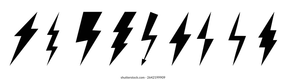 Set of Lightning flat icons. Lightning flash sign. Symbol of energy, thunder, electricity. Fast, power, speed. Electric zipper Bolt with shading and line graphic effects