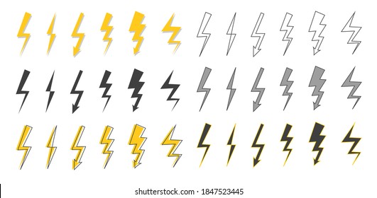 Set of lightning flat icons. Thunderbolts or storm symbols isolated on white background. Vector illustration.