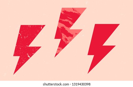 Set of lightning icon in grunge texture. Silhouette of symbol in vintage style. Vector illustration