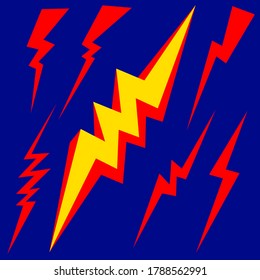 Set of lightning icons, Set of blue thunderbolt silhouettes, Lightning strike, Vector illustration