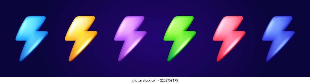 Set of lightning icons in different colors isolated on dark background. Cartoon vector illustration of electric or magic super power, energy charge, electricity or speed symbol. Game ui design element