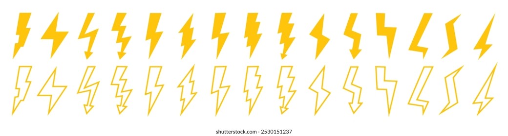 Set of lightning icons. Lightning flash sign in stroke or outline style.  Vector illustration.
