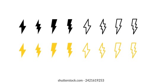 Set of lightning icons. Flat, linear and silhouette style. Vector icon