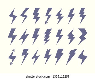 Set of lightning icons flat style isolated on white background for wireless charging, electricity power symbol, thunder logo, high voltage sign, poster, t shirt. Flash light sign. Vector 10 eps