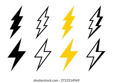 Eine Reihe von Blitzsymbolen. Minimalistischer Donner formt Kollektion für Strom, Wetter oder Technologie Vector Design-Elemente.